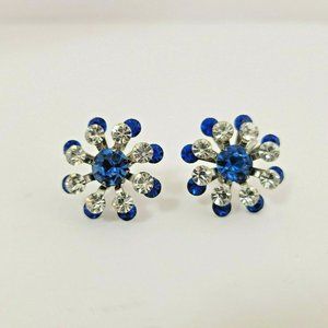 MCM Starburst Silver Toned Blue and Clear Stones Screw Back Earrings